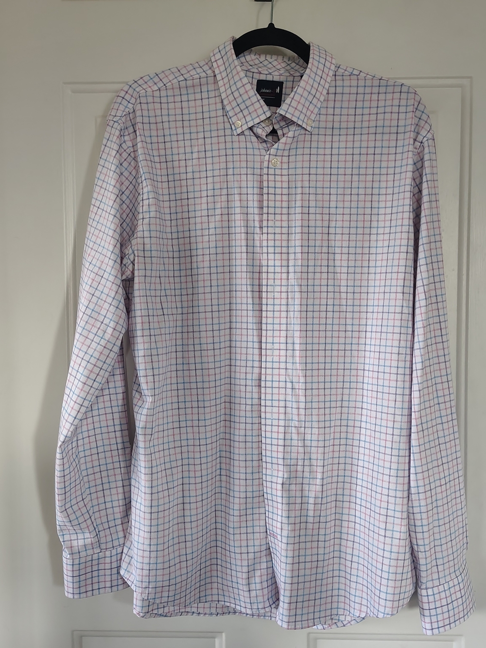 johnnie-O White Dress Shirt with Blue & Pink Windowpane